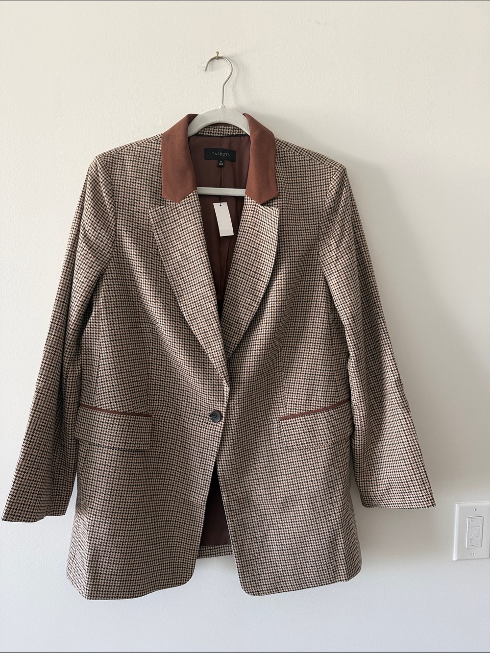 Talbots Brown Houndstooth Blazer with Rust Collar